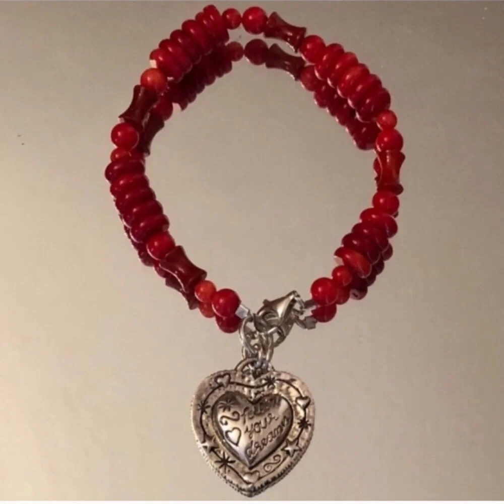 Rare Vintage Silpada Red Coral Sterling Silver Heart Charm Bracelet B0937